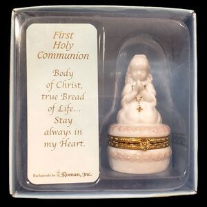 First Holy Communion Girl Praying Rosary Trinket Box Gold Trimmed Vintage 2002